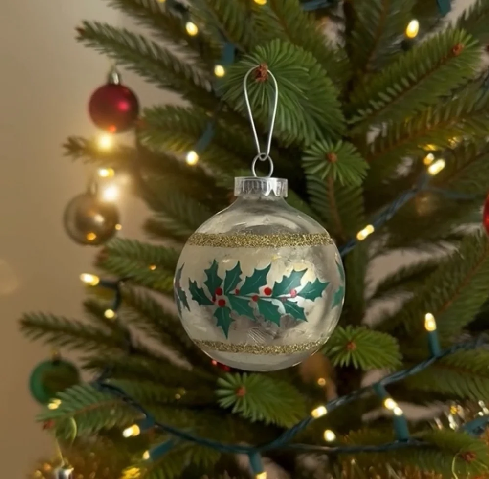 Vintage Austrian Silver Glass Ball Christmas Ornament Holly Band Decor Good